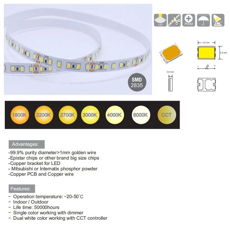 24V Ra90 SMD2835 120LED Flexible LED Light Strip 20W with CE Certification