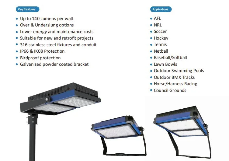 SAA CE CB RoHS Listed Professional Tennis/Badminton/Football Playgound Lights High Mast Flood Lights Dialux Design 250-1600W High Power LED Sports Light